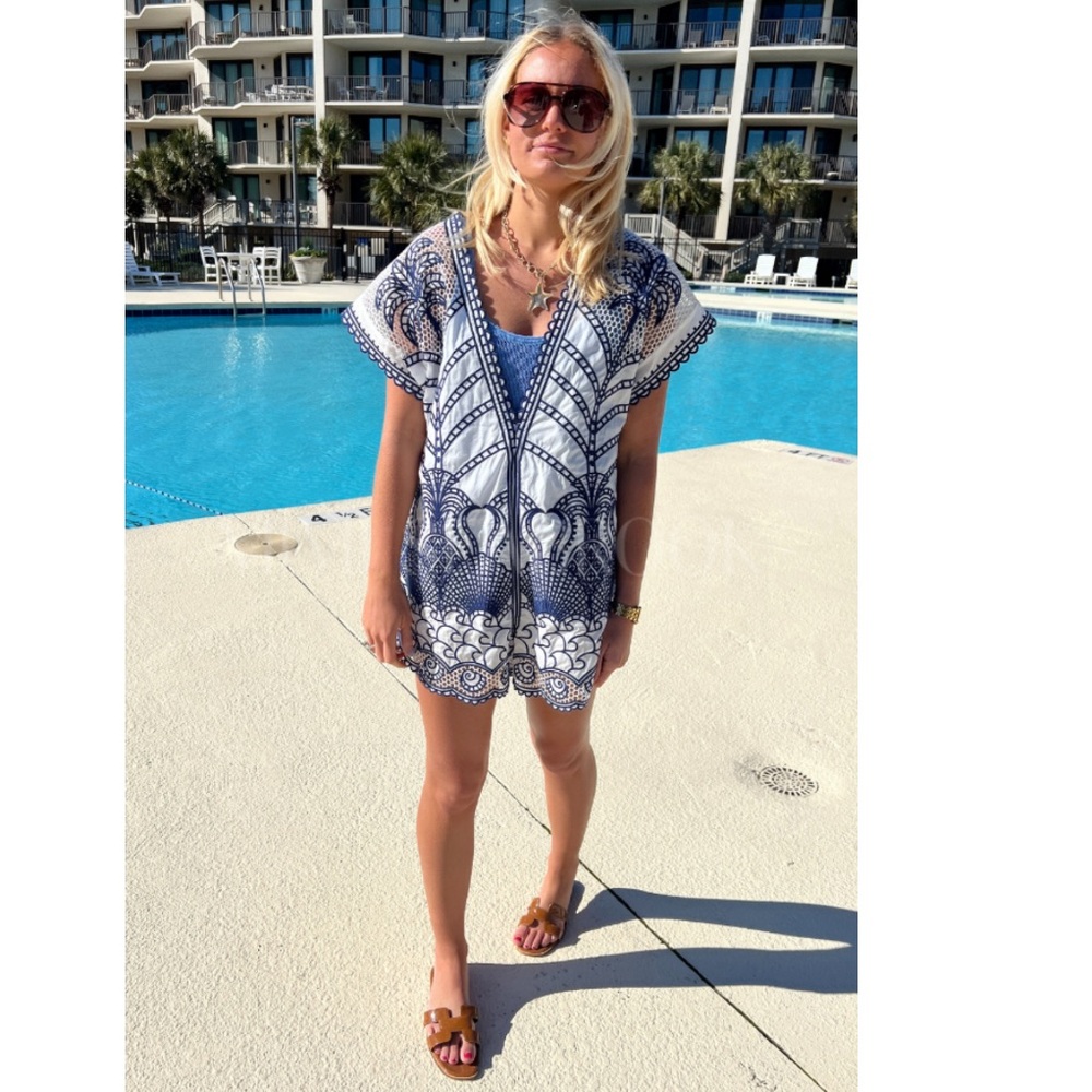 FARM Rio Blue Richelieu Plunging Neck Romper Size XS NWT Embroidered Lace - Picture 13 of 15